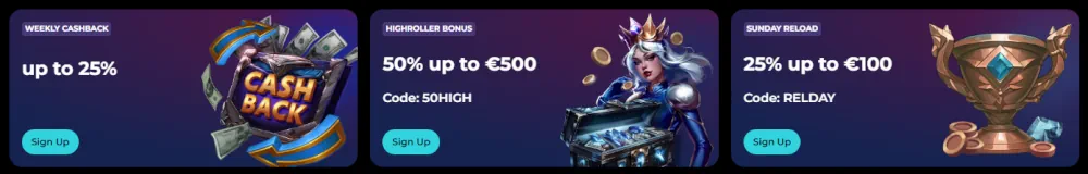 HighFly Werbeangebote einschließlich wöchentlichem Cashback, Highroller-Bonus und Sonntagsreloads.